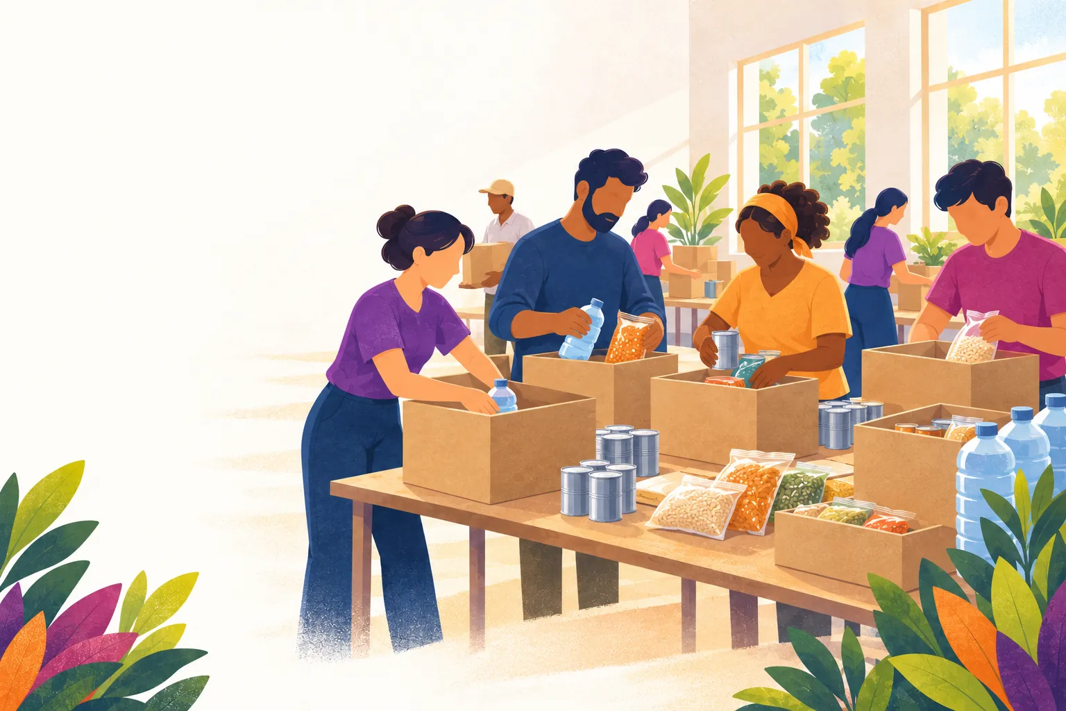 Illustration of volunteers packing relief boxes in a community hall