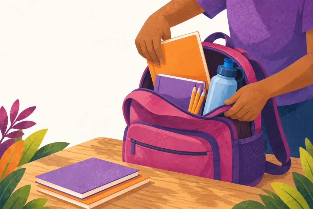 Illustration of hands packing notebooks, pencils and a water bottle into a backpack
