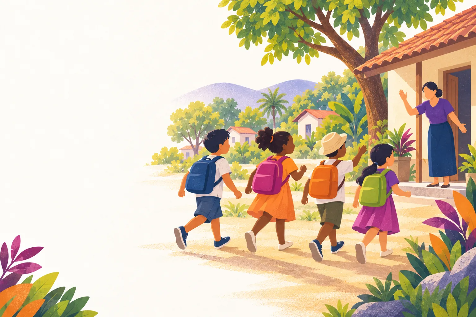 Illustration of children walking to a village school with colourful backpacks